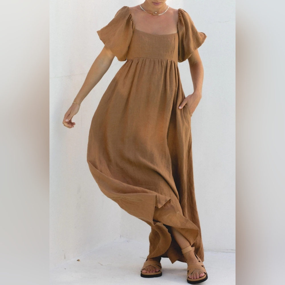 Solai French Riviera Linen dress in Toffee